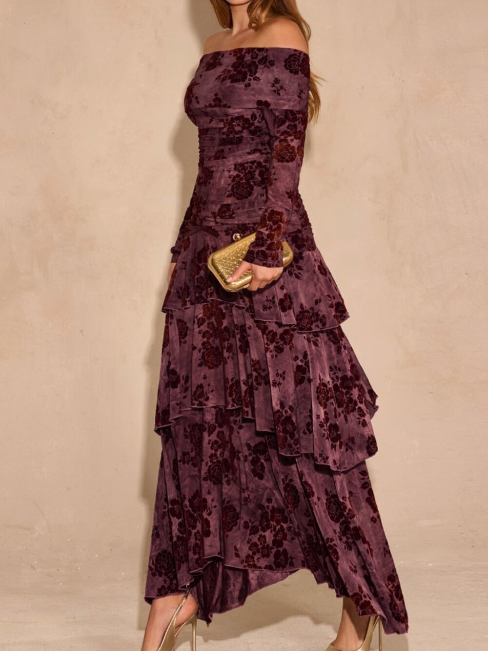 Burgundy Ruched Floral Off The Shoulder High Waist A-Line Dress - Picture 7 of 7